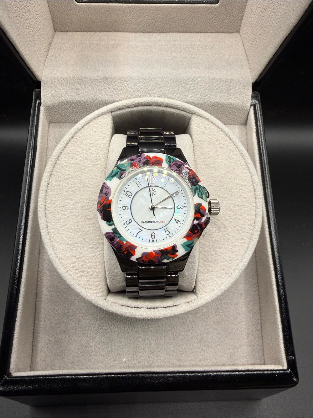 Isaac Mizrahi Live! Black Floral Bracelet Watch - Rare Find!